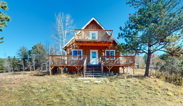 A-frame home lined by trees with wood stove, balcony, children's items, & W/D