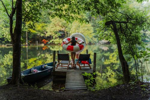 Waterfront A Frame with Dock Canoe Kayaks Family